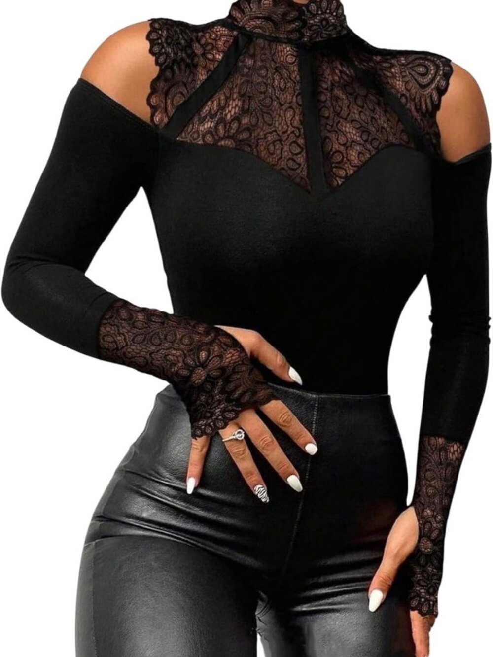 Lace Cold Shoulder Long Sleeve Mock Neck Top | Goth Y2K Style for Women - Picture 1 of 5